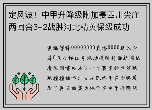 定风波！中甲升降级附加赛四川尖庄两回合3-2战胜河北精英保级成功