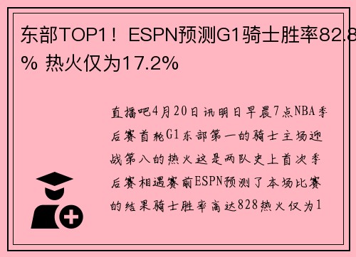 东部TOP1！ESPN预测G1骑士胜率82.8% 热火仅为17.2%