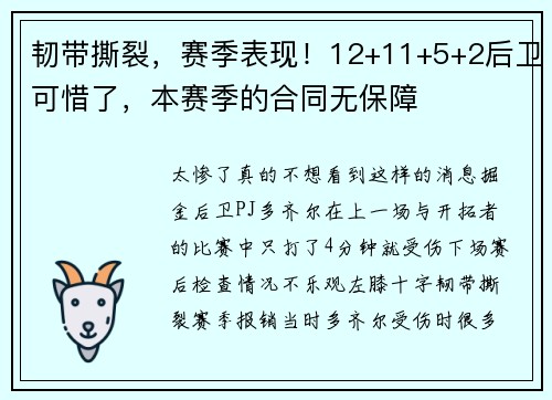 韧带撕裂，赛季表现！12+11+5+2后卫可惜了，本赛季的合同无保障